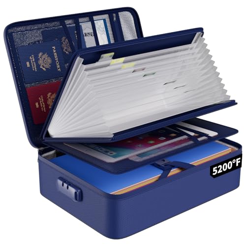 ENGPOW Fireproof Document Organizer Bag with Lock ＆ Accordion File Folder - color: Blue, size: 15.1" x 11.2" x 4.3"