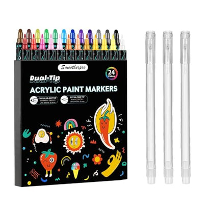 SMOOTHERPRO 3Pcs White Gel Pens and 24 Colors Acrylic Paint Markers