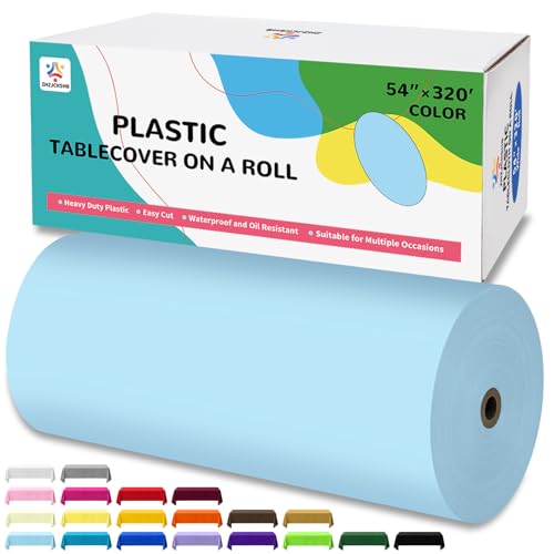 54IN X 320FT Plastic Table Cover Roll with Cutter Box, Cut to Size Plastic Table Cloths for Parties, Birthday, (Light Blue,54"x3840"(Rectangular)) - color: Light Blue, size: 3840" x 54" (Rectangular)