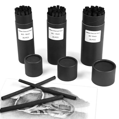 24 Pcs Compressed Charcoal Sticks, 25 Pcs Willow Charcoal Sticks Pencils for Sketching, Drawing, and Shading