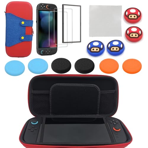 USHTJSKLIN Carrying Case for Nintendo Switch 2 Case 14in1 Set,Screen Protectors 2-Pack with Alignment Frame,Thumb Grips 10-Pack,Glasses Cleaning Cloths,Red&Blue - color: MRO&Red&Blue