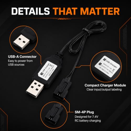 SM-4P USB Charger Cable Replacement for RC Car, RC Boat 7.4V Charger Plug, USB Charging Cable - 2Pack