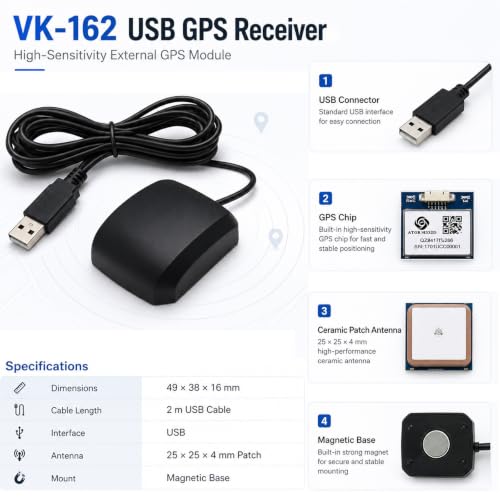 VK-162 G-Mouse USB GPS Dongle Navigation Module External GPS Antenna Remote Mount USB GPS Receiver for Raspberry Pi Support Google Earth Window Linux Geekstory - size: 1 PCS