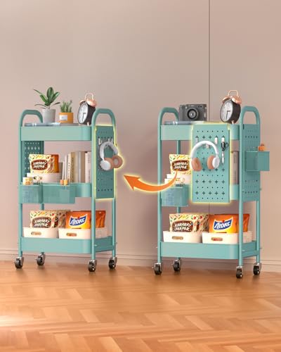 ALVOROG 3 Tier Metal Rolling Utility Cart with Pegboards,Baskets,Hooks,Blue - color: Tiffany Blue