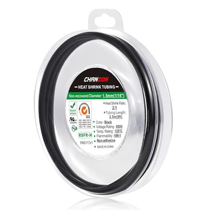 Chanzon 2:1 Ratio 1/16" (1.5mm) Heat Shrink Tubing 8Ft Roll Black - color: Black, size: 1.5mm (1/16") - 8FT