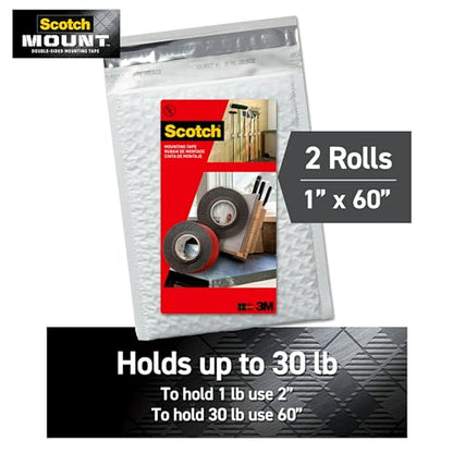 Scotch-Mount Double Sided Mounting Tape Heavy Duty, Extreme Mounting Tape, 2 Rolls, 1 in x 60 in (5ft per roll), Our Strongest Tape for Our Toughest Jobs, Uses 3M Industrial Adhesive (ET-414-2NA) - style: 2 Rolls
