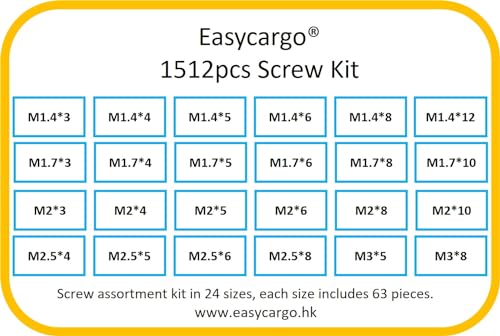 Easycargo 1512pcs Screw Assortment Kit, 24 Sizes Replacement Computer Notebook Miniature Screws, M1.4 M1.7 M2 M2.5 M3 Laptop Motherboard Phillips Screws Set