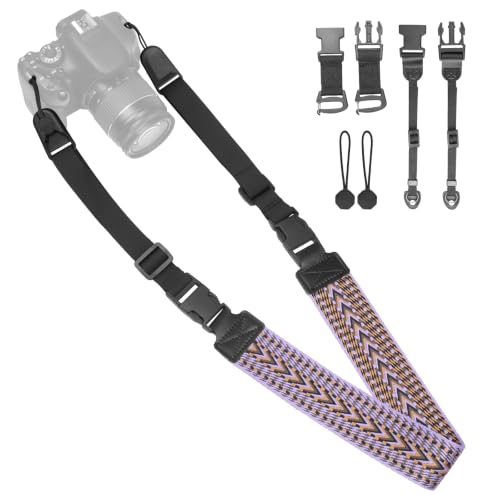 YFWE Adjustable Camera Neck Strap, Vintage Woven Shoulder & Crossbody Camera Strap with 4 Connection Ways, Anti-Slip Camera Strap for DSLR, Mirrorless & Camcorder, Travel & Outdoor Photography Gear - color: Striped Multicolor Purple