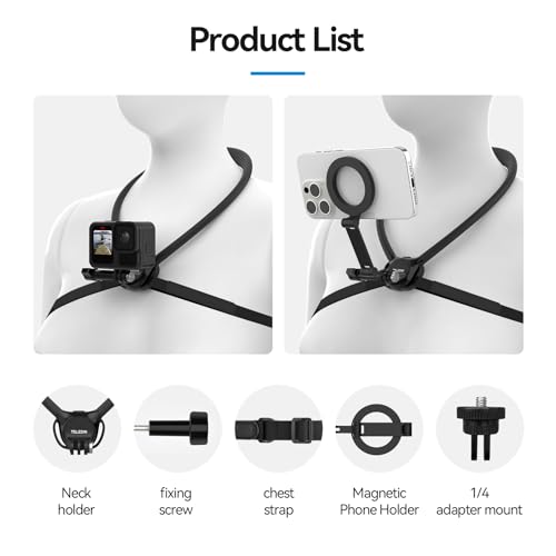 TELESIN Neck Mount Se 2.0 Combo Set, Magnetic Phone Holder for iPhone Android, Chest Strap Hand Free POV Video Phone Stand for iPhone 17 16 15 14 13 12 Samsung Android Action Cameras - style: Neck Mount Se 2.0+Magnetic Phone Holder