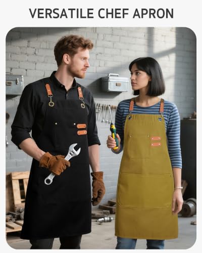 Syntus Chef Apron for Men Women with Pockets, Thick Grilling BBQ Apron - color: Black Canvas