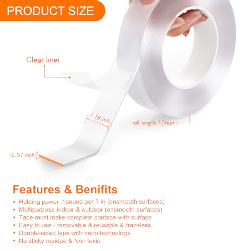 Yeefeoch Double Sided Tape Heavy Duty, Clear Mounting Tape 1.18in x 10ft
