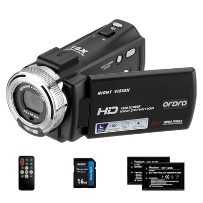 ORDRO V12 1080P Camcorder Night Vision with 16G Card 2 Batteries