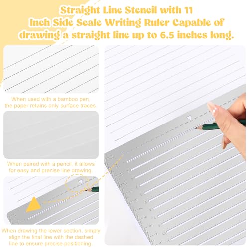 5 Pcs Metal Straight Line Stencil Templates Lettering Aid Template for Journaling Lettering & Writing Envelope Addressing Guide Ruler Set with Multiple Sizes Spacing Lines and Storage Pouch