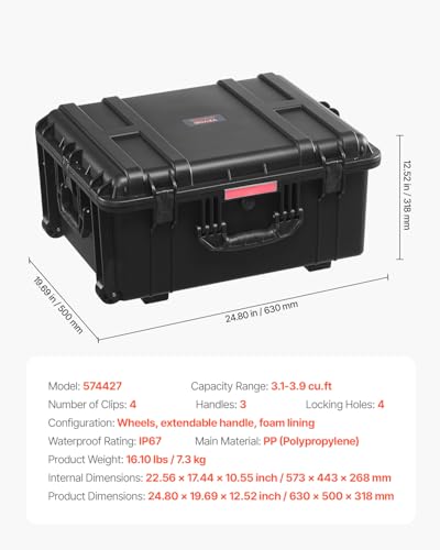 VEVOR Dry Box, Waterproof Hard Case with Pre-Cut Foam, 25 x 20 x 12.5inch - size: 63x50x32 cm