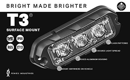Feniex T3 Surface Mount | Amber | Compact, 14 Flash Patterns | 3 LEDs, Super Bright 3 Watt LEDs, SAE Class 1 | Emergency Warning Lights - color: Amber