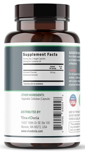 Viva Doria Activated Charcoal 520 mg, 120 Vegetable Capsules - size: 120 Count (Pack of 1)