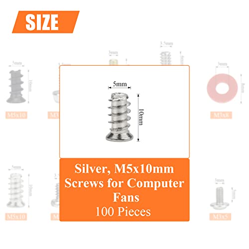 HELIFOUNER 100 Silver Computer Case Fan Screws, M5x10mm Mounting Screws - color: Silver, screws for computer case fan, M5x10