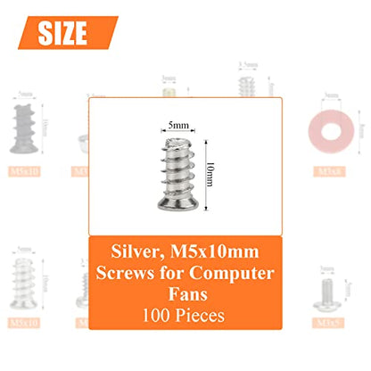 HELIFOUNER 100 Silver Computer Case Fan Screws, M5x10mm Mounting Screws - color: Silver, screws for computer case fan, M5x10