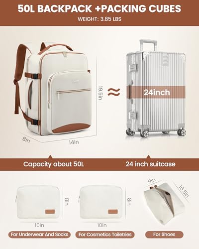 LOVEVOOK 50L Travel Backpack Flight Approved Carry on Backpack,3 Packing Cubes,Waterproof Personal Item Travel Bag,TSA Carry on Luggage Suitcase Travel Essentials,Gifts for Women & Men,fits 18" Laptop - color: Beige-brown, size: X-Large-50L-4Pcs(Standard)