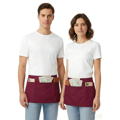 BOHARERS Waist Apron with 3 Pockets - Red Waitress Waiter Server Short Apron - color: 1 Pack Red