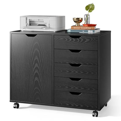 DEVAISE 5-Drawer Wood Drawer Cabinet, Office Storage Cabinet, Black - color: Ebony