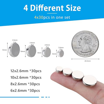 RHINOCATS 120Pcs Small Magnets for Crafts，4 Different Size,Mini Round Magnet,Multi-Use for Fridge,DIY, Office, Hobbies, and Science - size: mixed 120Packs
