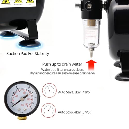 Single-Piston Oil-Free Airbrush Compressor with Cooling Fan, 3L Tank, Regulator & Moisture Trap – for Hobby Painting, Temporary Tattoos, Model Art, Automotive Graphics, Makeup