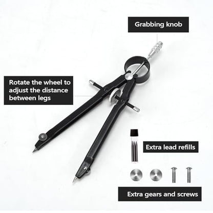 Compass for Geometry, Metal Compass with Extra Refills Compass Drawing Tool for Students Drafting Compass Back to School Supplies (Black 2pcs)