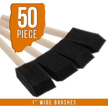US Art Supply 1 inch Foam Sponge Wood Handle Paint Brush Set, 50-Pack