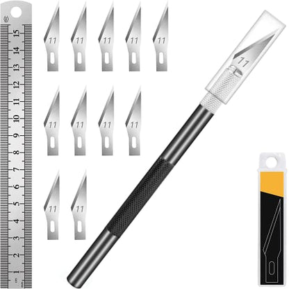 DIYSELF Precision Hobby Knife with 10 Extra #11 Blades, 6-Inch Metal Ruler - color: Black-10blades