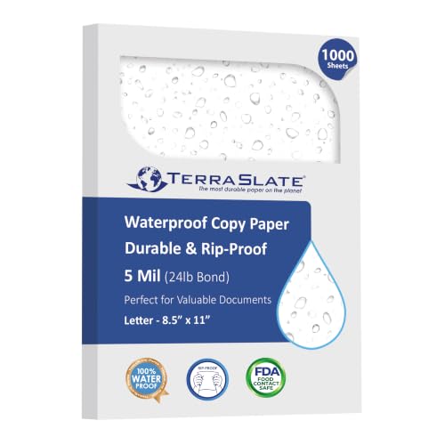 TerraSlate Waterproof, Durable, Rip-Proof Paper, 1,000 Sheets, 5 Mil (24lb Bond), 8.5” x 11”, Laser Printer and Copy Machine Compatible - size: 1000 Sheets