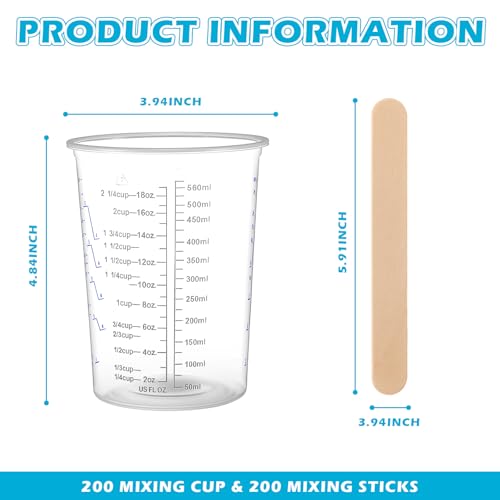 200 Pack Plastic Mixing Cups 20 oz (600ml) Disposable Measuring Cups with 200 Pcs Wooden Mixing Sticks Measurement Ratios: 2: 1, 3: 1, 4: 1 for Epoxy Resin, Liquid Measuring, and Paint