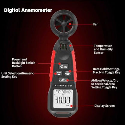 Handheld Anemometer with Temp & Humidity Sensor, 9999 Reading Data Hold, 5/s Sampling Rate, Large Backlit, 0-12 Wind Level Meter for Outdoor Sports Wind Speed Measuring