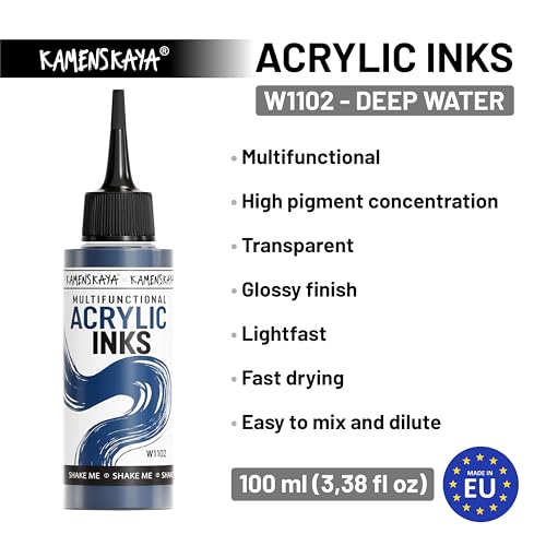 Kamenskaya Acrylic Inks for Artists - Deep Water Acrylic Ink, 3.38 Fl Oz (100 ml) - color: Deep Water