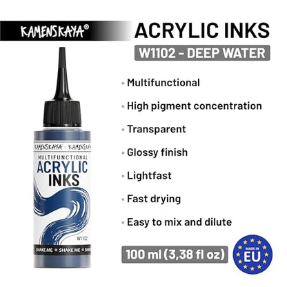 Kamenskaya Acrylic Inks for Artists - Deep Water Acrylic Ink, 3.38 Fl Oz (100 ml) - color: Deep Water