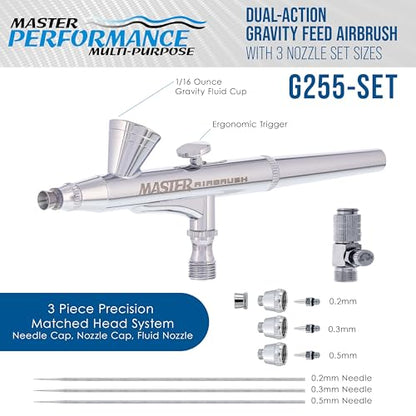 Master Airbrush G255 Dual-Action Gravity Feed Airbrush Gun Kit, 3 Nozzles - size: G255 3-Tip Fine & Multi-Purpose Set