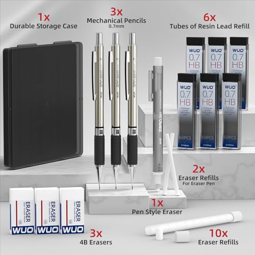 WUO 0.7 mm Mechanical Pencil Set with Eraser Pen Storage Case, 3 PCS - color: Black 2 - 0.7mm (3 Pack)