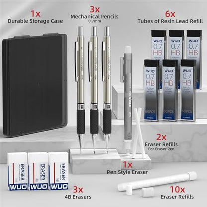 WUO 0.7 mm Mechanical Pencil Set with Eraser Pen Storage Case, 3 PCS - color: Black 2 - 0.7mm (3 Pack)