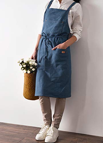 Cute Denim Matching Apron for Kids and Adults, Cook Art Paint Garden - color: Blue, size: kid M(age 8-12)