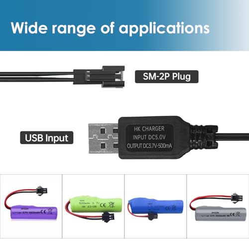 3.7V USB Charger Cable with SM-2P Connector for RC Cars Boat Trucks 1S Li-ion and Li-Po Battery(2 Pack)