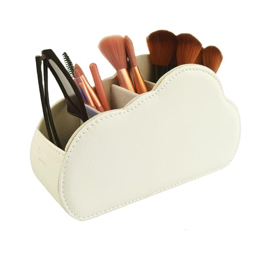 Remote Control Holder - 5 Spacious Compartments TV remote holder Caddy Leather Control Storage Tabletop Desk Organizer for Remote Controller,Office Stationery,Makeup Brush - color: Light Beige