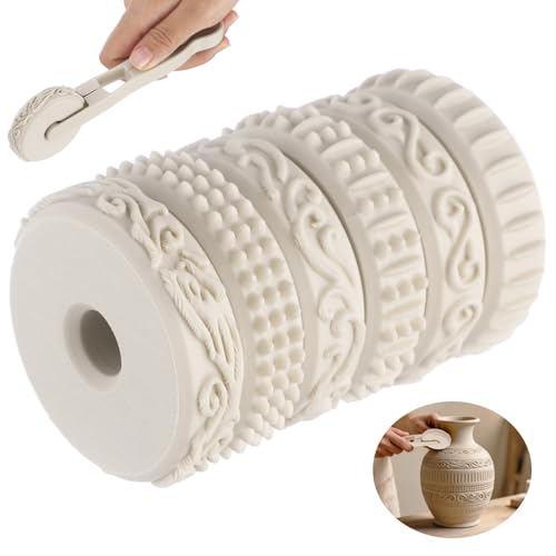 Clay Texture Rollers Set with Handle, 2.36 in Diameter 6 Pattern Clay Textured Rolling Pins for Pottery, Dough, Fondant, Biscuit, Reusable Arts & Crafts