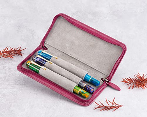 Lanxivi Genuine Leather Fountain Pen Case 3 Divided Slots Wine Red Color, Zippered Pen Case Pouch, Handmade Display Holder for Rollerball Pen - color: Wine Red