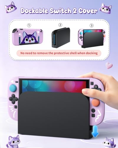 Switch 2 Cute Case, FYOUNG Dockable Kawaii Cat Protective Cover Shell - color: Purple Cute Cat, size: 7.9Inch Switch 2