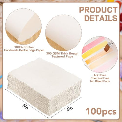 100 Sheets Watercolor Paper 4 x 6 Inch, 300 GSM, Deckle Edge, Ivory - size: 4 x 6inch