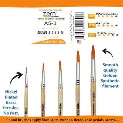 ZEM Brush Golden Synthetic Round Brushes Set Sizes 2,4,6,8,10