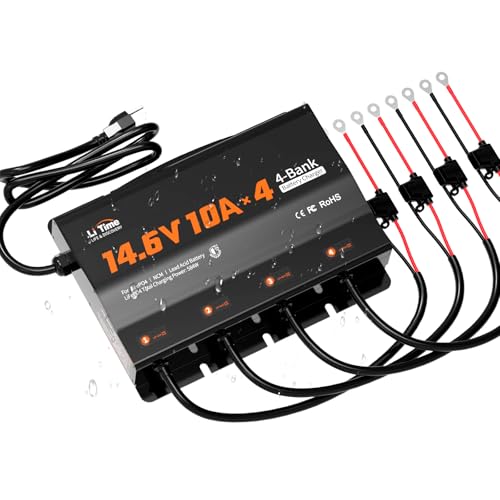 LiTime 4 Bank 12V 10A LiFePO4 Battery Charger, Waterproof, 14.6V Output