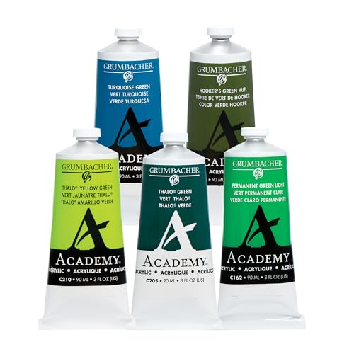 Grumbacher Academy Professional Acrylic Paint Set of 5 90ml Green Colors - Metal Tubes - Heavy Body Professional Grade Artist Paint with Genuine and Pure Pigments - ASTM Lightfast Colors