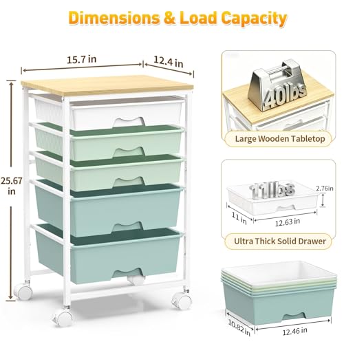 SUNALLY Rolling Carts with 5 Drawers, Storage Drawer Carts for Craft, Green - color: Green