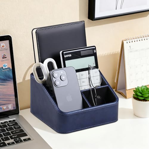 PU Leather Remote Control Holder, Nightstand Organizer with 4 Compartments - color: Navy Blue